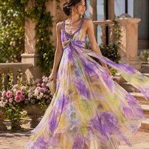 Teri Jon Lavender and Yellow Watercolor Floral Beaded Maxi Dress